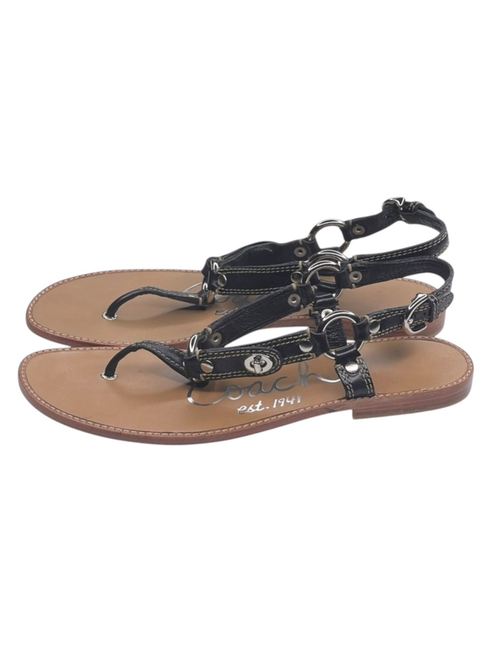 Deadstock: new Coach ࿌ Raiven Hardware Turnlock Flat Sandals ࿌ Black Leather ࿌ - Picture 7 of 16